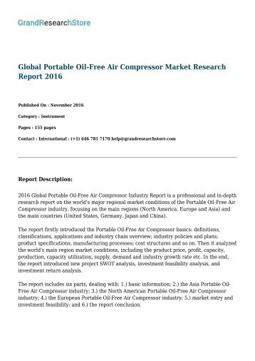 Global Portable Oil-Free Air Compressor Market by regions (North America, Europe) Research Report 2016
