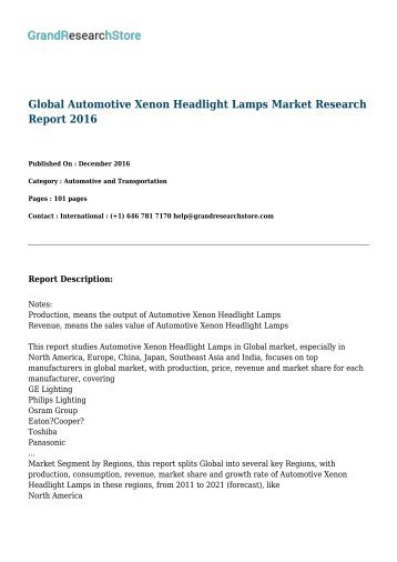 Global Automotive Xenon Headlight Lamps Market by Regions (North America, Europe, China) Research Report 2016