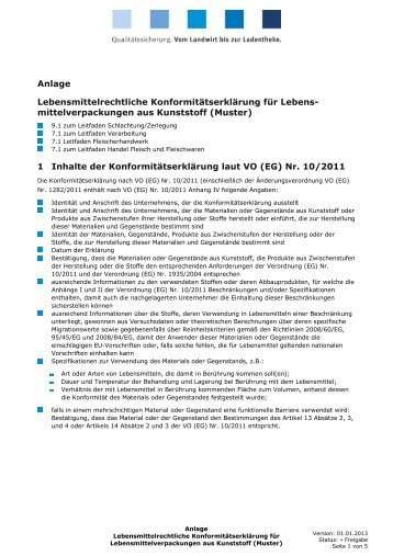 Anlage Lebensmittelrechtliche Konformitätserklärung für Lebens ...