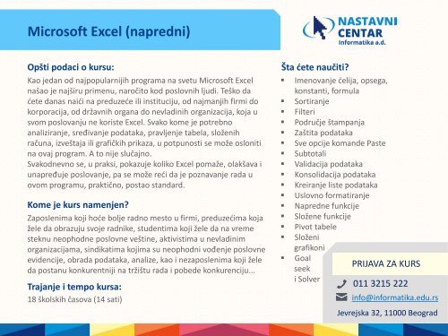 Nastavni centar Informatika – katalog kurseva i obuka