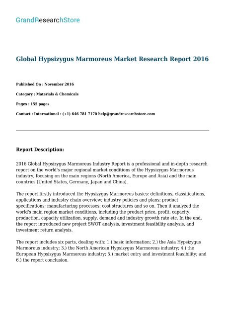 Global Hypsizygus Marmoreus Market countries (United States, Germany, Japan and China) Research Report 2016