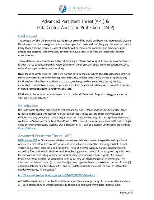 Advanced Persistent Threat (APT) & Data Centric Audit and Protection (DACP)