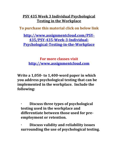PSY 435 Week 3 Individual Psychological Testing in the Workplace