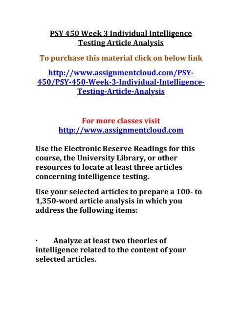 PSY 450 Week 3 Individual Intelligence Testing Article Analysis