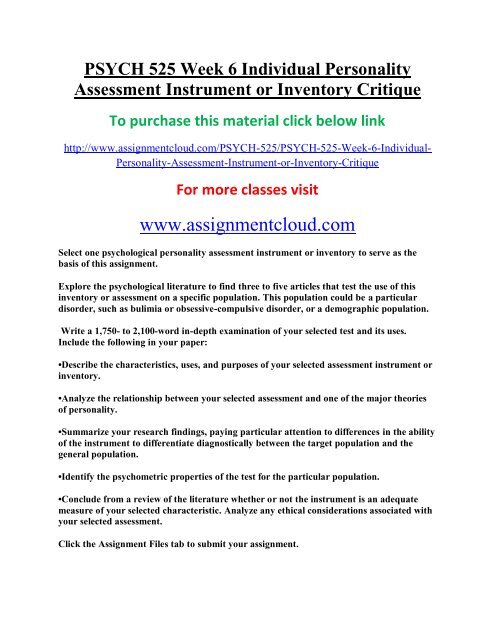 new PSYCH 525 Week 6 Individual Personality Assessment Instrument or Inventory Critique