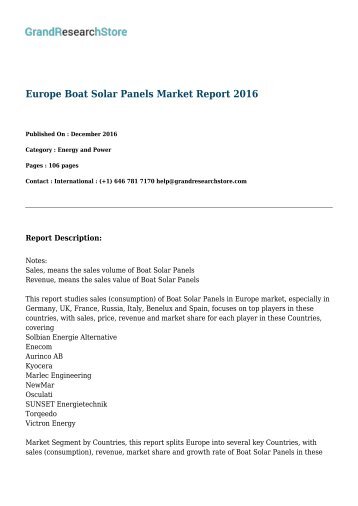 Europe Boat Solar Panels Market by Key Countries (Germany, France, UK), by product type (Monocrystalline, Amorphous silicon) Report 2016