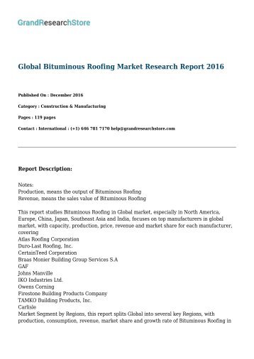Global Bituminous Roofing Market By Regions(North America,Europe,China,Japan) Research Report 2016 