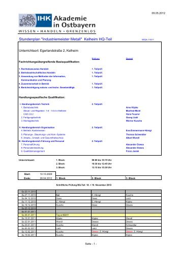 Stundenplan "Industriemeister Metall" Kelheim HQ-Teil