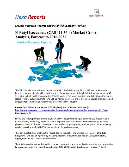 N-Butyl Isocyanate (CAS 111-36-4) Market Growth Analysis, Forecast to 2016-2021