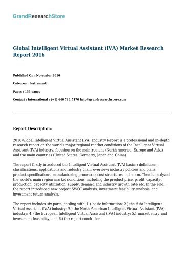 Global Intelligent Virtual Assistant (IVA) Market by countries (United States, Germany, Japan and China) Research Report 2016