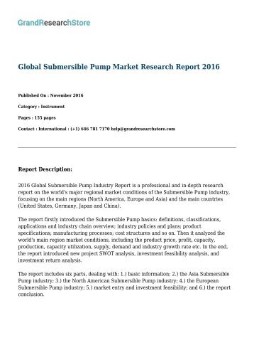 Global Submersible Pump Market By Countries (United States,Germany,Japan,China) Research Report 2016