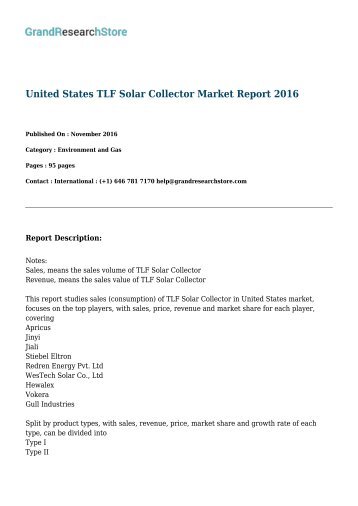 United States TLF Solar Collector Market By Application(Residential building,Commercial building ) Report 2016 