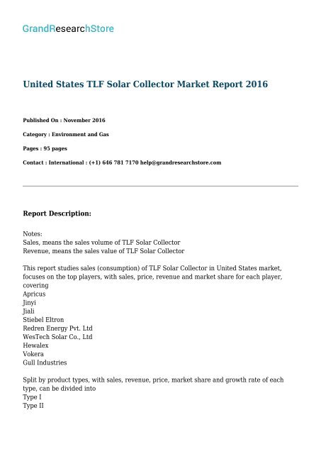 United States TLF Solar Collector Market By Application(Residential building,Commercial building ) Report 2016 