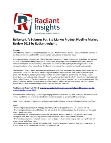 Reliance Life Sciences Pvt. Ltd Market Product Pipeline Market Review 2016