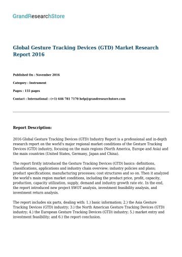 Global Gesture Tracking Devices (GTD) Market by Regions (North America, Europe) Research Report 2016