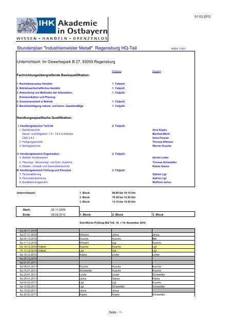 Stundenplan "Industriemeister Metall" Regensburg HQ-Teil