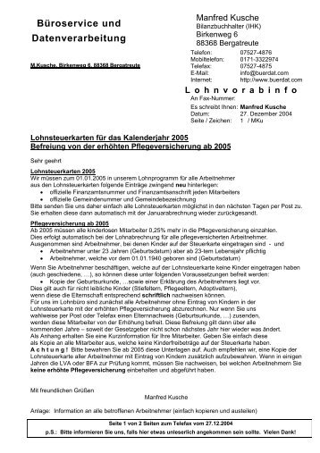 Information aus dem Lohnbüro für Lohnabrechnung ab 01.01.2005