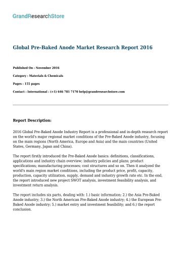 Global Pre-Baked Anode Market By Countries (United States, Germany, Japan,China) Research Report 2016
