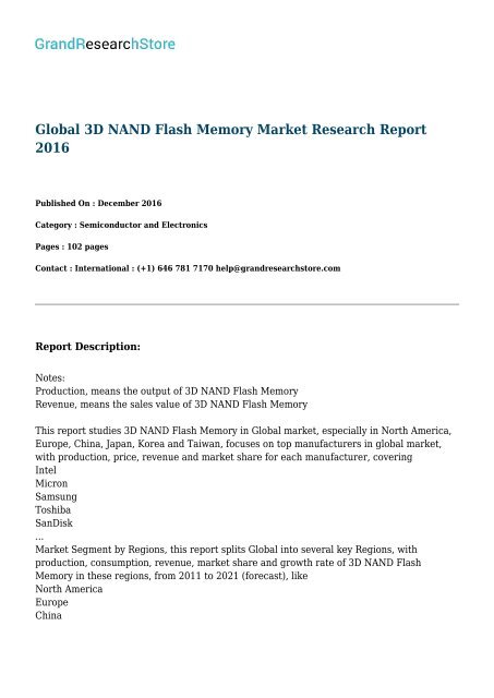 Global 3d Nand Flash Memory Market By Manufacturer Intel Micron Samsung By Regions North America Europe