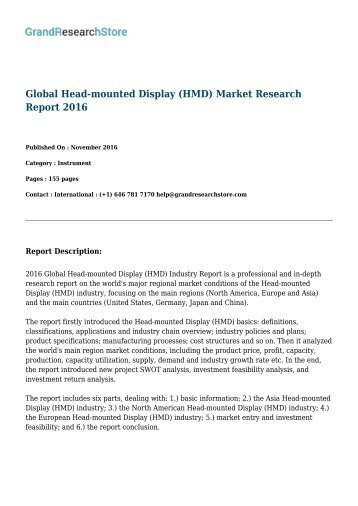 Global Head-mounted Display (HMD) Market by Countries (United States, Germany, Japan) Research Report 2016