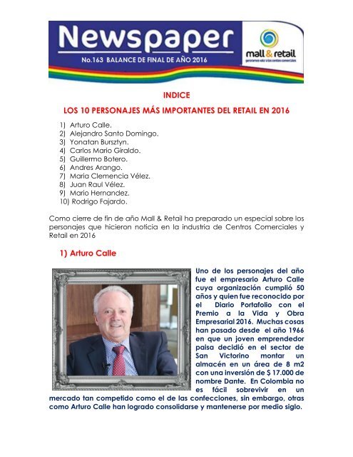 INDICE LOS 10 PERSONAJES MÁS IMPORTANTES DEL RETAIL EN 2016 1) Arturo Calle