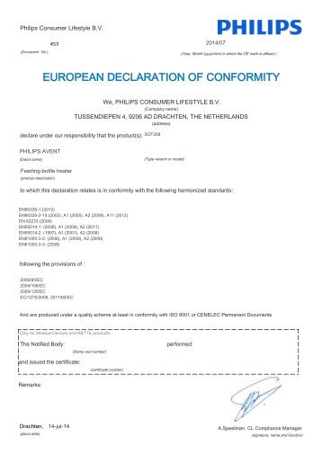 Philips Avent Chauffe-biberon prÃ©servant les nutriments - DÃ©claration de conformitÃ© - AEN