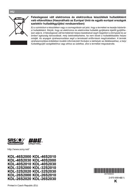 Sony KDL-26S2010 - KDL-26S2010 Istruzioni per l'uso Ungherese