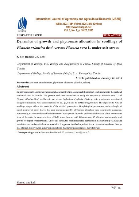 Dynamics of growth and phytomass allocation in seedlings of Pistacia atlantica desf. versus Pistacia vera L. under salt stress