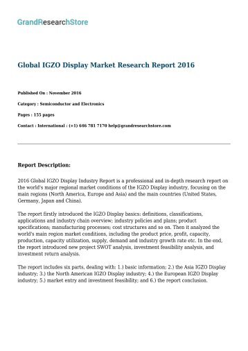 Global IGZO Display Market By Regions (North America, Europe) Research Report 2016