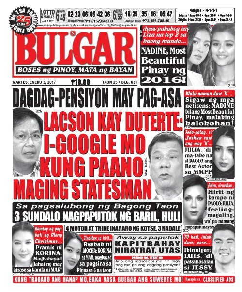 January 3, 2016 BULGAR: BOSES NG PINOY, MATA NG BAYAN