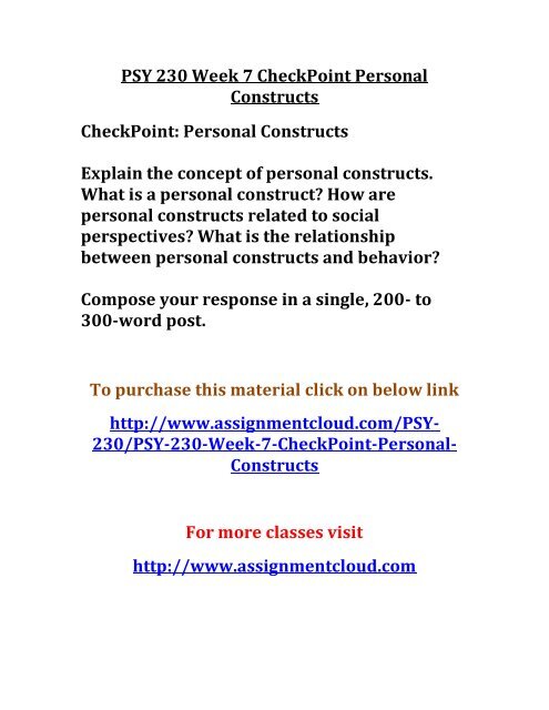 PSY 230 Week 7 CheckPoint Personal Constructs
