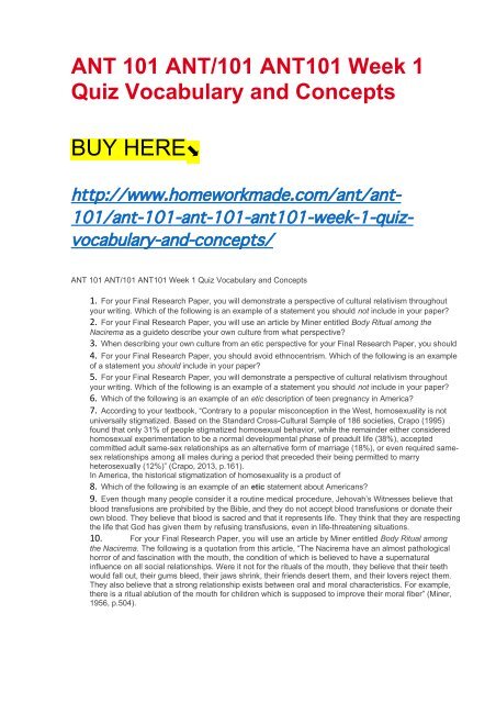 ANT 101 ANT:101 ANT101 Week 1 Quiz Vocabulary and Concepts
