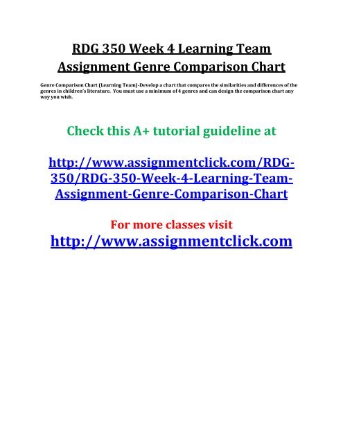 UOP RDG 350 Week 4 Learning Team Assignment Genre Comparison Chart