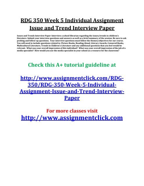 UOP RDG 350 Week 5 Individual Assignment Issue and Trend Interview Paper