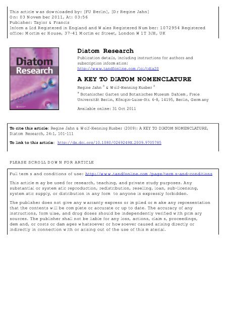 A Key To Diatom Nomenclature Botanischer Garten Und Botanisches