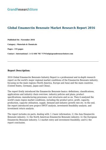 Global Emamectin Benzoate Market By Countries (United States, Germany, Japan,China) Research report 2016