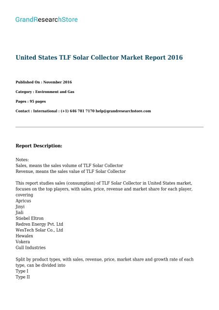 United States TLF Solar Collector Market By Applications(Residential building,Commercial building) Report 2016 