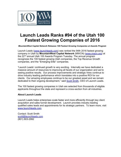 Launch Leads Ranks #94 of the Utah 100 Fastest Growing Companies of 2016
