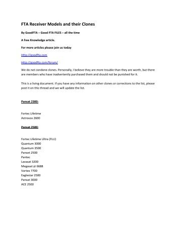 FTA Receiver Models and their Clones - FTA Files