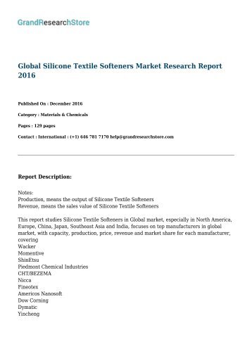 Global Silicone Textile Softeners Market By Regions(North America,Europe,China,Japan), By Product Type(Multiple Block Textile Softeners,Amino Textile Softeners,Others) Research Report 2016