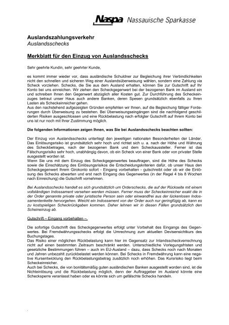 Merkblatt für den Einzug von Auslandsschecks - Naspa