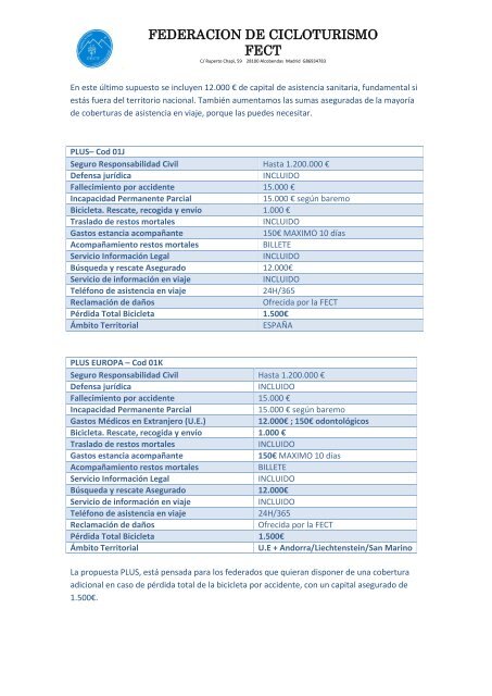 FEDERACION DE CICLOTURISMO FECT Propuesta de seguro