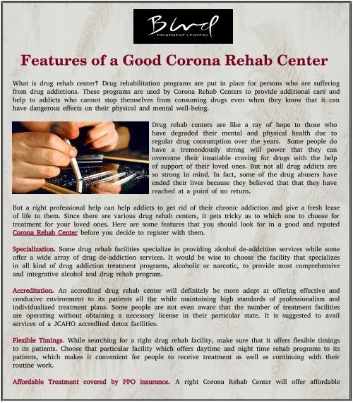 Features of a Good Corona Rehab Center