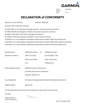 Garmin Declarations of Conformity - Approach G5