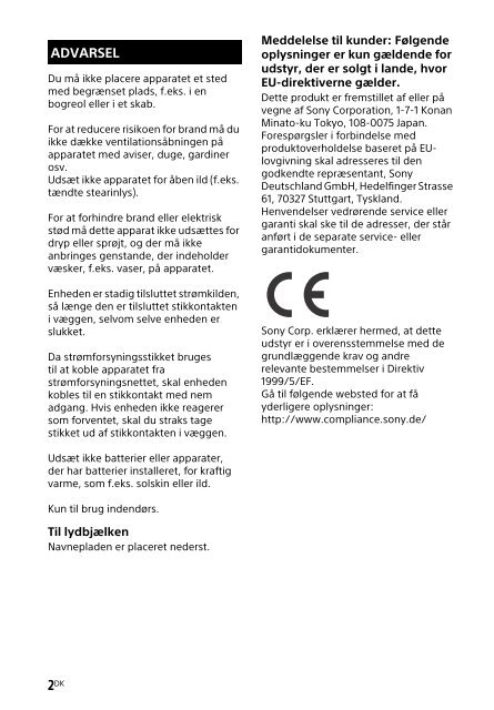 Sony HT-CT80 - HT-CT80 Istruzioni per l'uso Danese