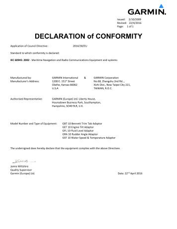 Garmin Declarations of Conformity - NMEA 2000 Adapters