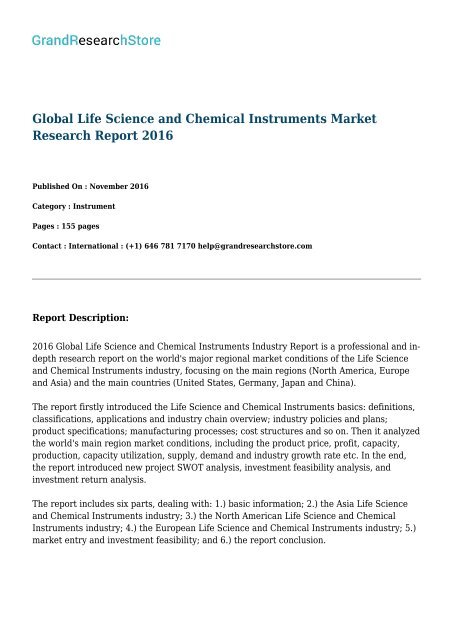 Global Life Science and Chemical Instruments Market By Regions (North America, Europe) By Countries (United States,   Germany, Japan) Research Report 2016