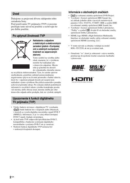 Sony KDL-26U2530 - KDL-26U2530 Istruzioni per l'uso Slovacco
