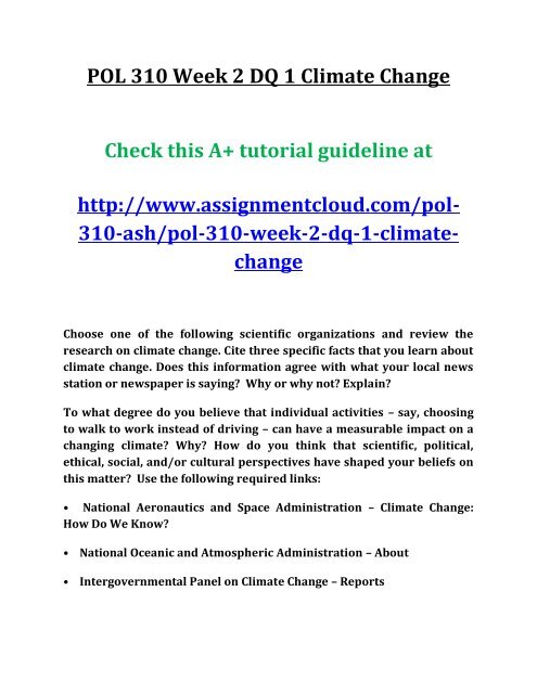 ASH POL 310 Week 2 DQ 1 Climate Change