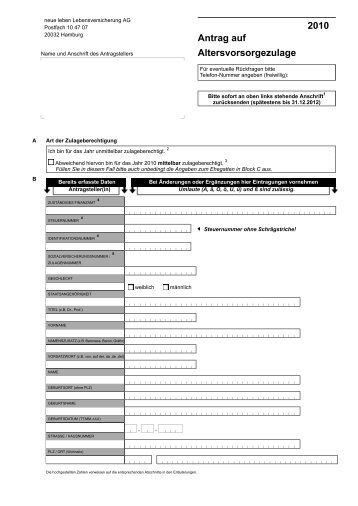 2010 Antrag auf Altersvorsorgezulage - neue leben Versicherungen